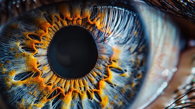 Extreme close-up van blauw oog met gele iris