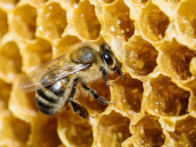 Extreme close-up van een bij op een honingraat