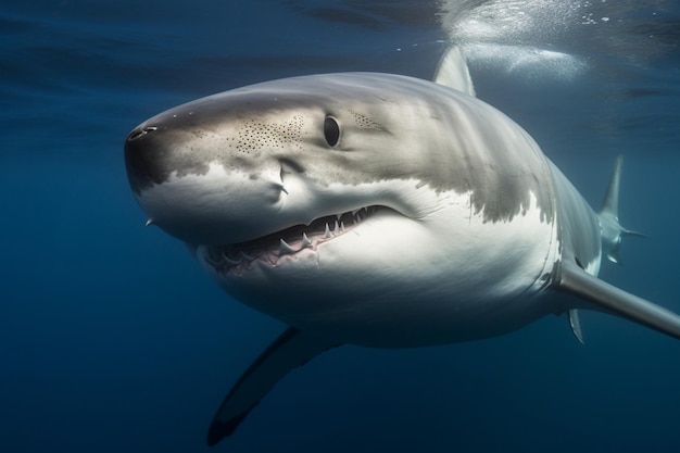 Extreme close-up van een grote witte haai die direct glimlachend naar de camera kijkt