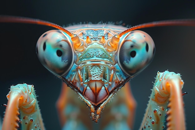 Foto extreme close-up van een prachtige gebedsvogel