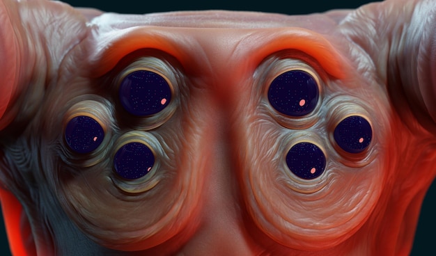 Photo extreme closeup of the alien's face 3d render portrait of an alien creature with wrinkles and lots of eyes closeup