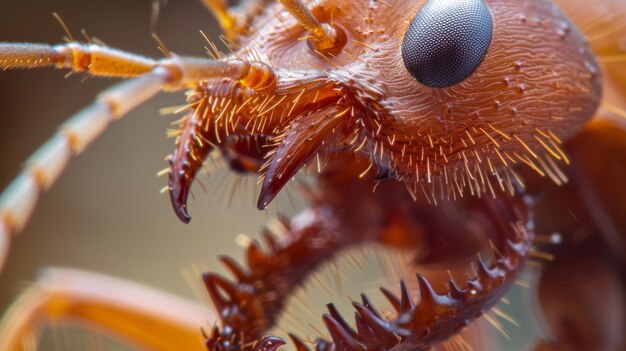 Foto un primo piano estremo della mandibola di una formica che mostra i bordi affilati e le minuscole dentature che la aiutano