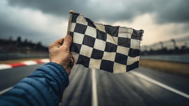 Photo extreme closeup of a hand gripping the checkered flag emphasizing the intense focus and