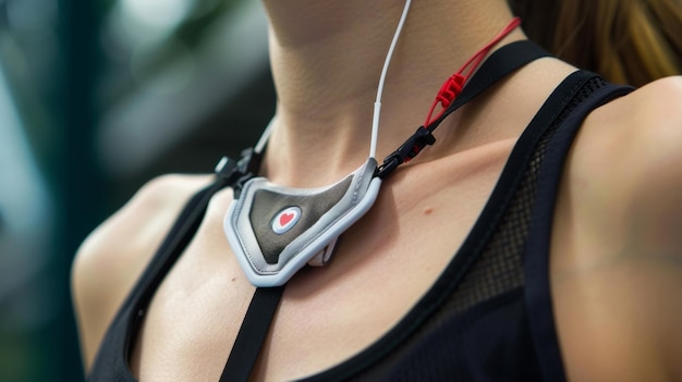 An extreme closeup image of a chest s heart rate monitor with a small sensor attached to a thin