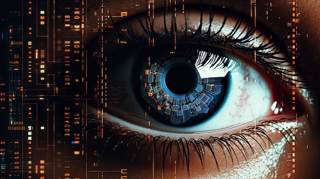 Extreme closeup macro of cybernetic bionic female eye future technology