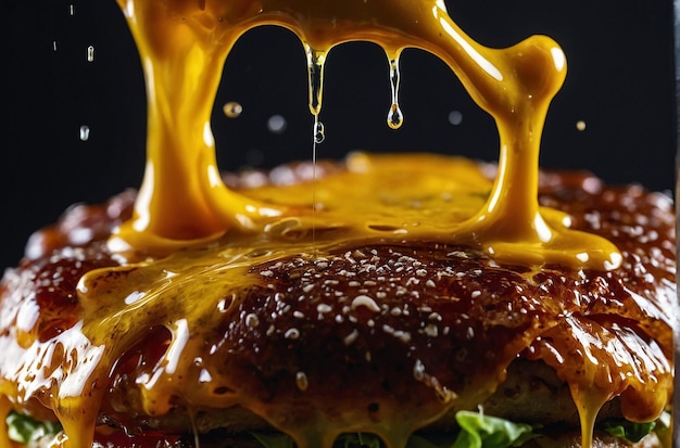 Photo extreme closeup of melted cheese dripping from a burger