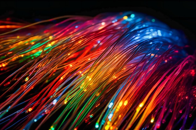 Фото Чрезвычайно крупный план отдельных светящихся нитей внутри волоконно-оптических кабелей, подключенных к компьютерному оборудованию.