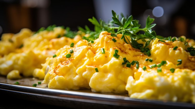 An extreme closeup of a platter of fluffy scrambled eggs on a breakfast buffet setup