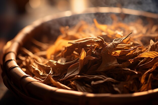 An extreme closeup shot of dried tea leaves captured as if falling into a teapot