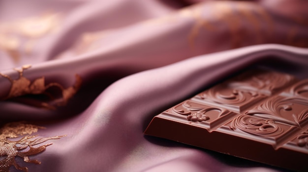 An extreme closeup of a softly colored pastelhued piece of chocolate with a glossy finish