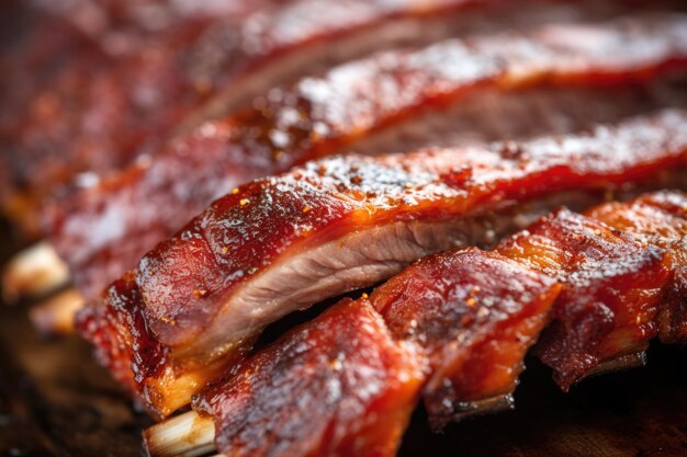 Photo extreme closeup of the texture on smoked pork ribs