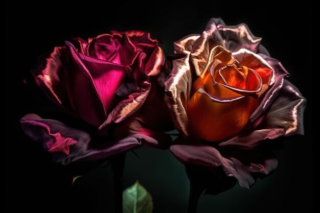 an extreme closeup of two blossoms on a dark backdrop