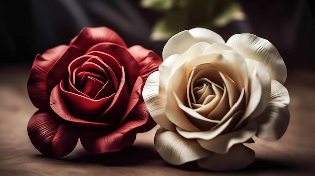 an extreme closeup of two flowers that are sitting on a table