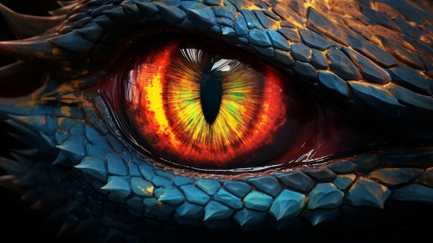 Extreme closeup view of a red dragon eye