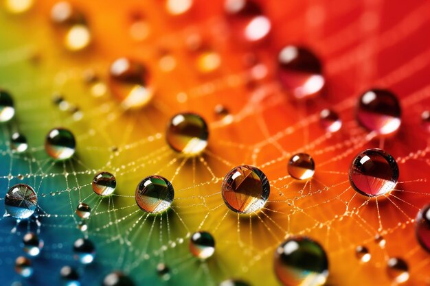 Extreme closeup of water droplets on a spider web refracting rainbow colors