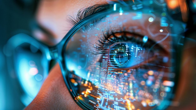 Extreme closeup of a woman wearing glasses in uture technology background