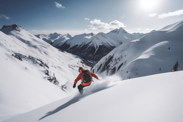 Photo extreme descent of a snowboarder from a snowy mountain on a snowboard