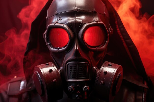 Extreme detail photo of a toxic logo red skull gasmask smoke steam