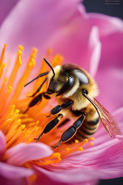 extreme macro close-up bovenaanzicht foto van een bij op de achtergrond van een bloementuin