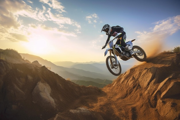 Extreme Motocross MX Rider riding on dirt track rocky mountains