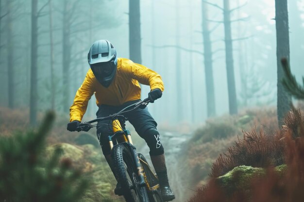 Extreme mountain biker cycling on an outdoor mountain bike trail