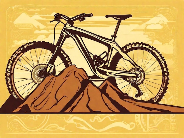 Foto ciclista di montagna estremo che guida in discesa con la bicicletta su un poster vettoriale colorato astratto il