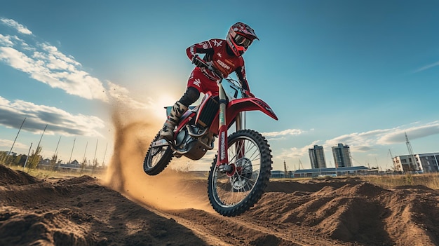 Extreme off road motorcycle stunt jump over canyon trail with blue sky background