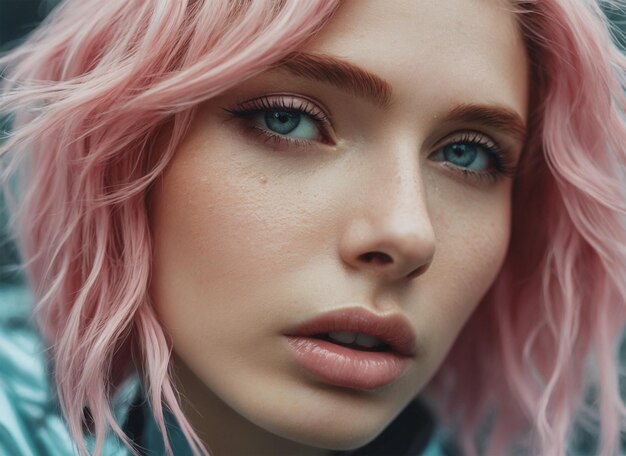 Extreme perfection from girls face with her beautiful light blue eyes and pink hair