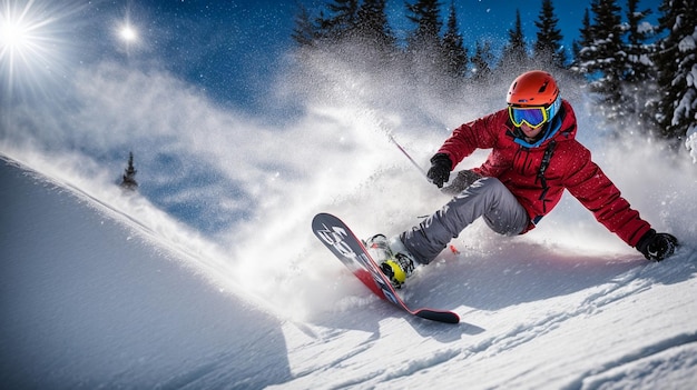 Photo extreme snowboarder carving through fresh powder snow in the white mountains enjoying a colorful ni