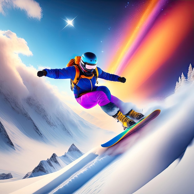 写真 極端なスポーツは超高速でジャンプしますスノーボーダーは雪に覆われた山からジャンプしますデジタル アートワーク