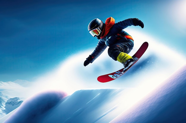 초고속으로 익스트림 스포츠 점프 눈 덮인 산에서 스노보더 점프 디지털 아트웍