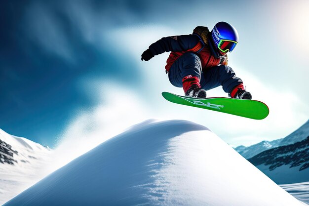 Extreme sport jump at hyper speed snowboarder jumps from a snowcovered mountain digital artwork