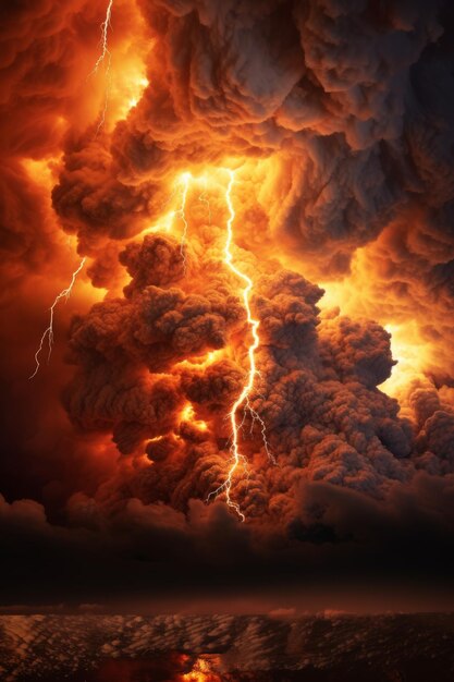 Foto eventi meteorologici estremi tempesta nube fulmini e incendio ai generativo