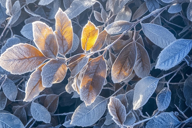 Extreme winter schoonheid Frost bedekte bladeren in een rustige besneeuwde omgeving