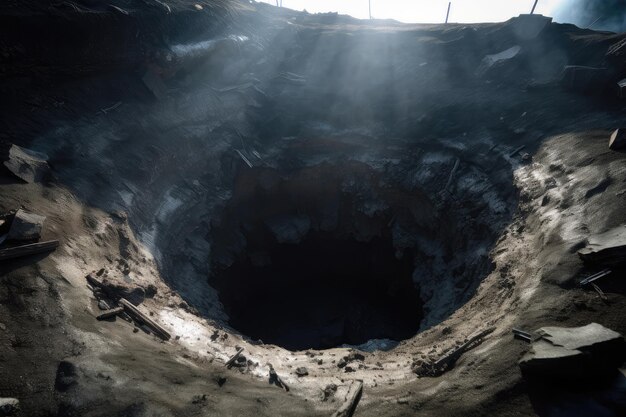 Extremely deep sinkhole with visible sunlight at the bottom