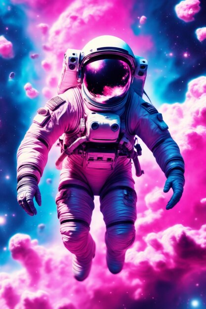 An extremely detailed astrocore scene of an astronaut floating in a vivid pink and blue nebula