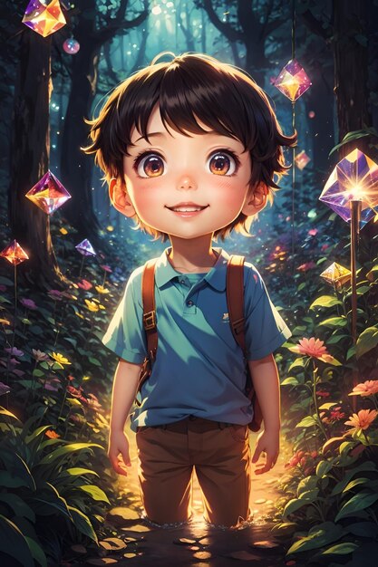 extremely detailed kid standing in a glowy forest tree