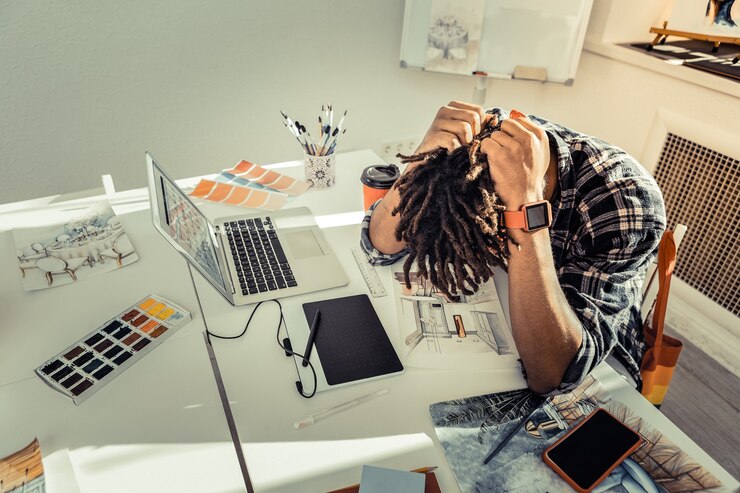 Photo extremely exhausted. dark-haired young promising artist with dreadlocks feeling extremely exhausted