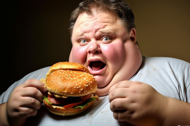 An extremely fat man with a big burger