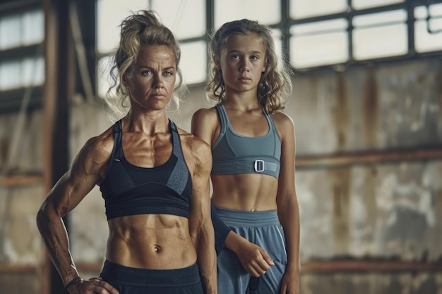 Extremely fit mother and her younger daughter