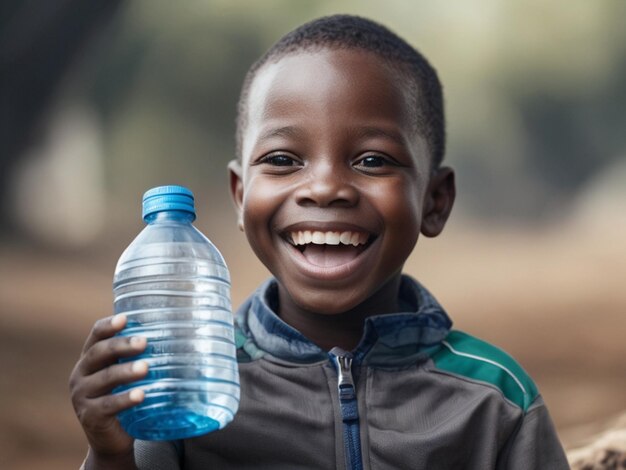 Extremely happy African boy with water bottle in hand