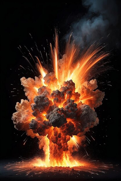 Extremely hot fiery explosion with sparks and smoke against black background