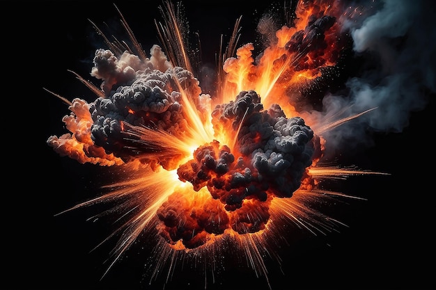 Extremely hot fiery explosion with sparks and smoke against black background