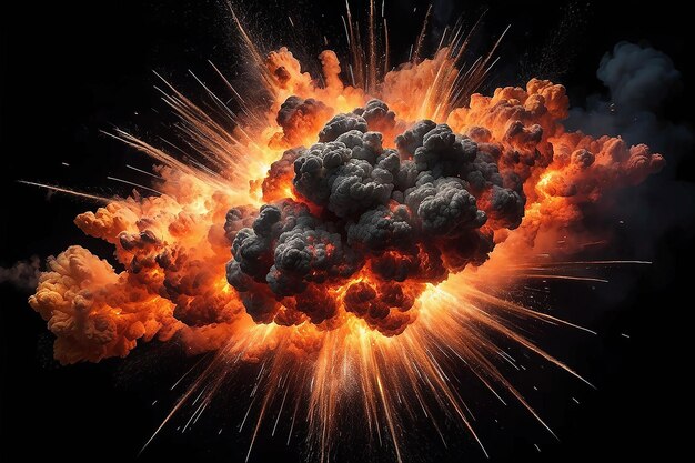 Photo extremely hot fiery explosion with sparks and smoke against black background