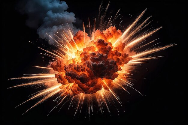 Extremely hot fiery explosion with sparks and smoke against black background