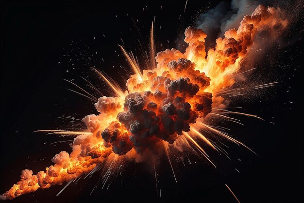 Extremely hot fiery explosion with sparks and smoke against black background