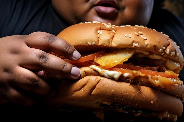 An extremely obese dark skinned woman with junk food closeup photo