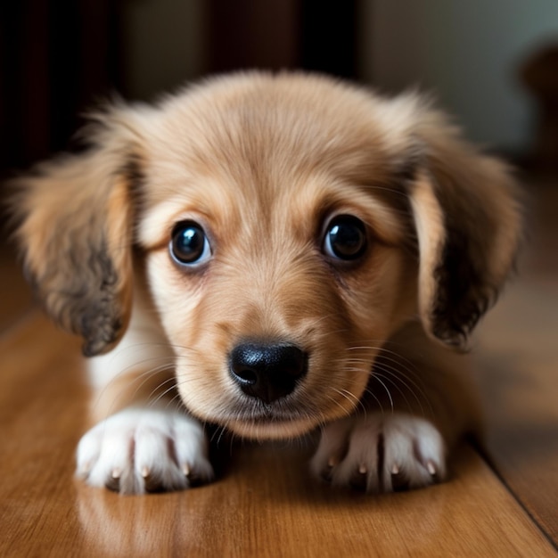 非常に悲しくて可愛い子犬がカメラに向かって懇願している