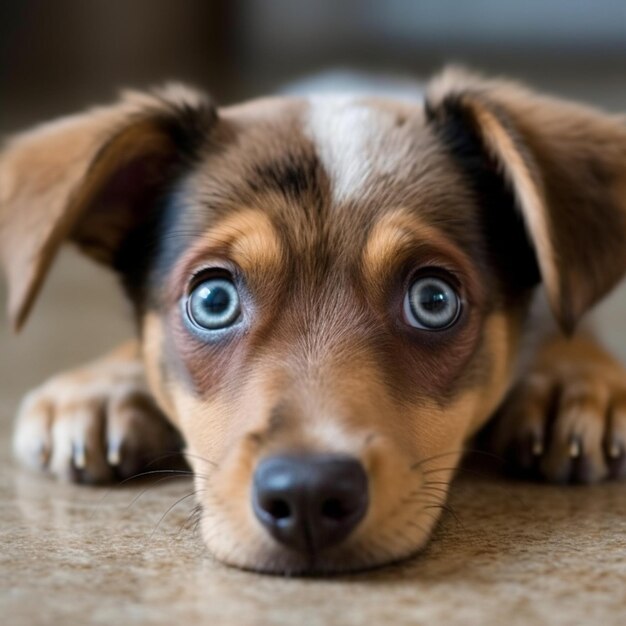 Photo a extremely sad and cute puppy looking into camera begging