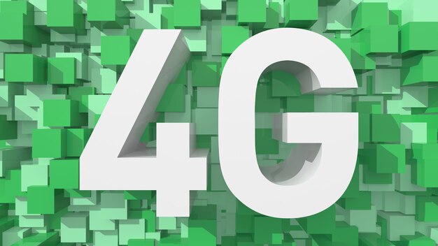 立方体で満たされた青い抽象的な背景を持つ押し出し4Gテキスト